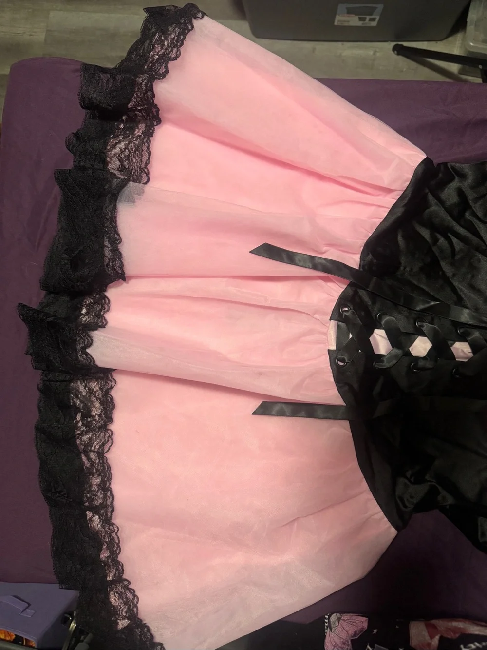 Dolls Kill Black and Pink Satin Lace-Up Babydoll Chemise - Picture 3 of 8